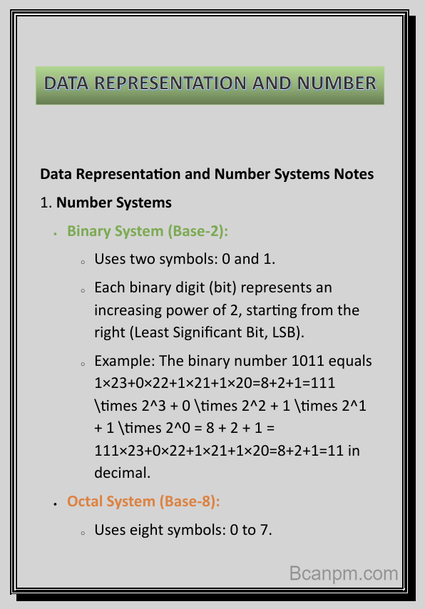 Data Representation and Number Systems notes