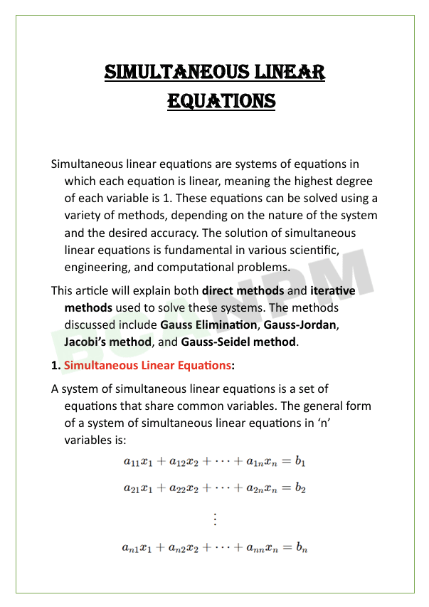 Simultaneous Linear Equations Notes